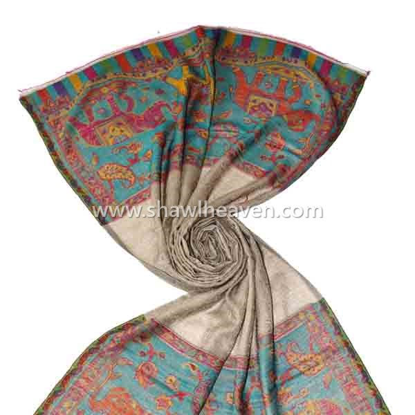 Decorated elephant antique design wool shawl, import from Tri Star Overseas